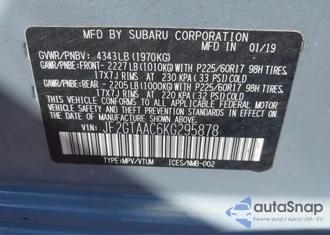 2019 Subaru Crosstrek 2.0I z USA, uszkodzony, nr VIN JF2GTAAC6KG295878